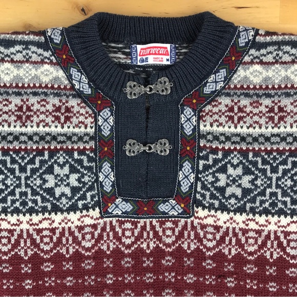 SOLD: Norwear Fair Isle Wool Sweater Folk Metal Clasps Made in Iceland Burgundy - Picture 2 of 16